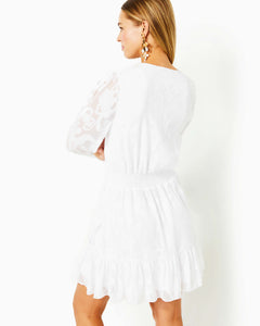 Cristiana Long Sleeve Dress - Resort White Poly Crepe Swirl Clip