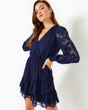 Load image into Gallery viewer, Cristiana Long Sleeve Dress - True Navy Poly Crepe Swirl Clip
