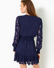 Load image into Gallery viewer, Cristiana Long Sleeve Dress - True Navy Poly Crepe Swirl Clip
