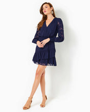 Load image into Gallery viewer, Cristiana Long Sleeve Dress - True Navy Poly Crepe Swirl Clip
