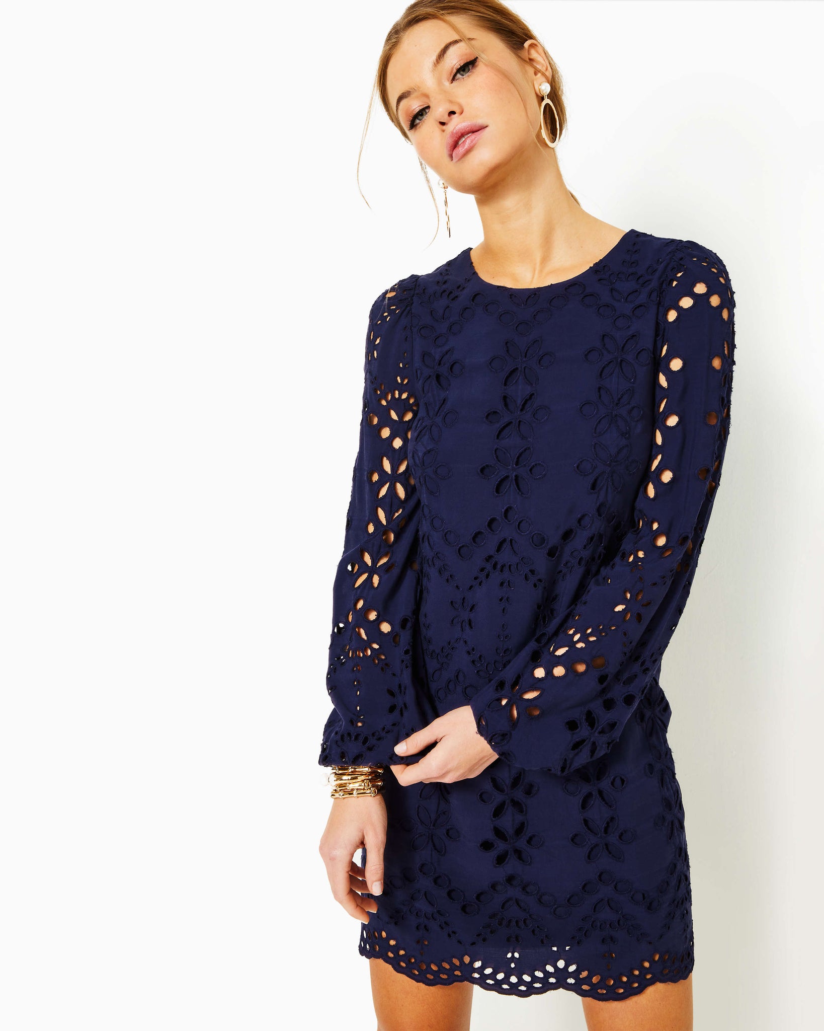 Alyna Long Sleeve Eyelet Dress - True Navy Soiree Eyelet – The Islands