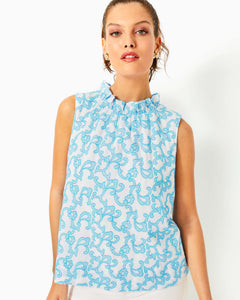 Dahliana Embroidered Top - Lunar Blue Flamingle Embroidered Cotton