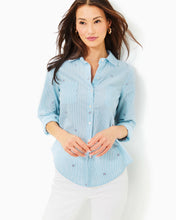 Load image into Gallery viewer, Sea View Button Down Top - Hydra Blue Seaside Star Jacquard Stripe
