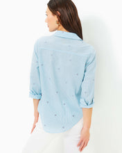 Load image into Gallery viewer, Sea View Button Down Top - Hydra Blue Seaside Star Jacquard Stripe
