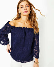 Load image into Gallery viewer, Nevie Off-The-Shoulder Top - True Navy Poly Crepe Swirl Clip
