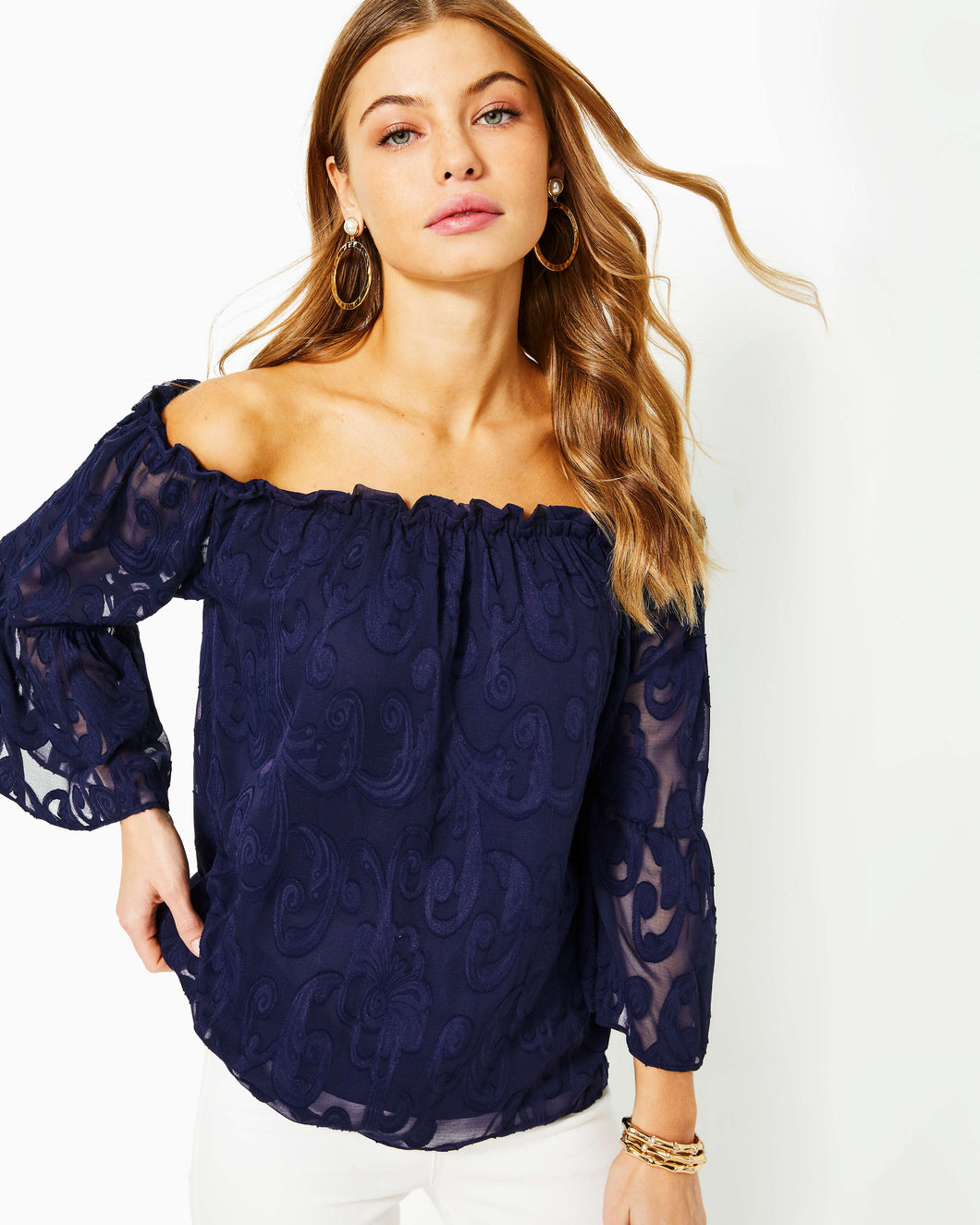 Nevie Off-The-Shoulder Top - True Navy Poly Crepe Swirl Clip