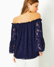 Load image into Gallery viewer, Nevie Off-The-Shoulder Top - True Navy Poly Crepe Swirl Clip
