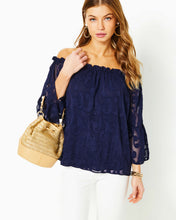 Load image into Gallery viewer, Nevie Off-The-Shoulder Top - True Navy Poly Crepe Swirl Clip
