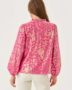 Giana Long Sleeve Silk Top - Sun Shell Pink Floral Bloom Silk Clip
