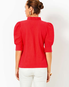 Elsey Ruffle Knit Top -  Rococo Red Wavy Knit Jacquard