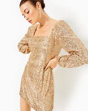 Load image into Gallery viewer, Zelda Skirted Romper - Gold Metallic Treasure Box Sequin Knit
