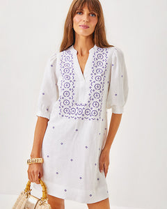 Mialeigh Linen Dress - Water Hyacinth Geo Criss Cross Embroidery