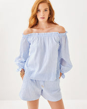 Load image into Gallery viewer, Jamielynn Off-the-Shoulder Top - Jacaranda Blue Ltwt Oxford Stripe
