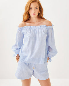 Jamielynn Off-the-Shoulder Top - Jacaranda Blue Ltwt Oxford Stripe