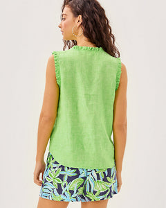 Kavalla Sleeveless Ruffle Top - Crocodile Green X Resort White