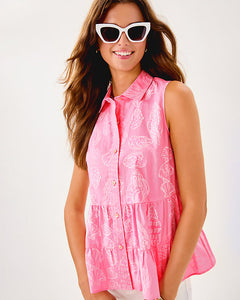 Breah Sleeveless Button Down Shirt - Rousseau Pink Cool As Shell Overprint