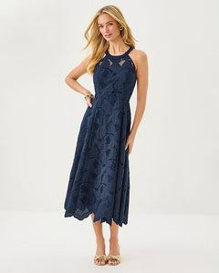Denise Lace Halter Midi Dress - Low Tide Navy Sway With Me Scalloped Lace