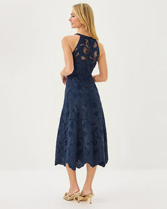 Denise Lace Halter Midi Dress - Low Tide Navy Sway With Me Scalloped Lace