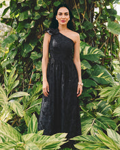 Load image into Gallery viewer, Lynsi One-Shoulder Midi Dress - Noir Sunset Bloom Embroidered Organza
