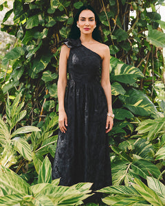Lynsi One-Shoulder Midi Dress - Noir Sunset Bloom Embroidered Organza