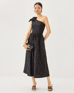 Lynsi One-Shoulder Midi Dress - Noir Sunset Bloom Embroidered Organza