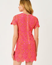 Load image into Gallery viewer, Cortney Crochet Shift Dress - Cherry Blossom Pink X Sunset Orange Full Bloom Knit Crochet Panel
