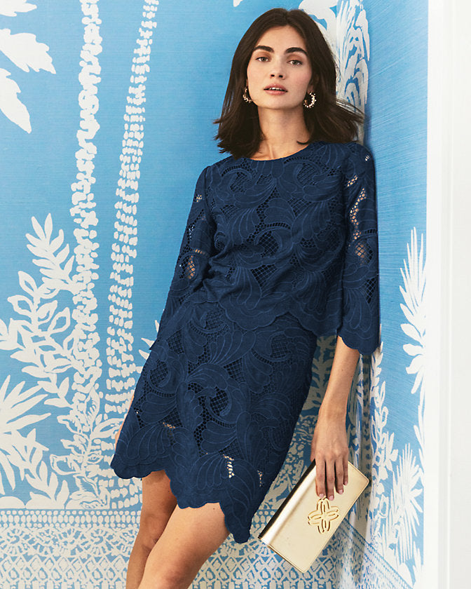 Amabel 3/4 Sleeve Cropped Top - Low Tide Navy Sway With Me Scalloped Lace