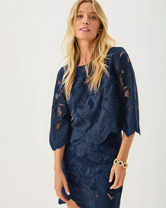 Amabel 3/4 Sleeve Cropped Top - Low Tide Navy Sway With Me Scalloped Lace