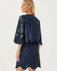 Amabel 3/4 Sleeve Cropped Top - Low Tide Navy Sway With Me Scalloped Lace