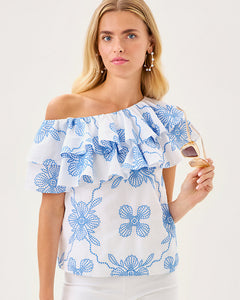 Trixie One-Shoulder Ruffle Top - Sunwashed Blue Al Fresco Dot Embroidery