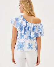 Load image into Gallery viewer, Trixie One-Shoulder Ruffle Top - Sunwashed Blue Al Fresco Dot Embroidery

