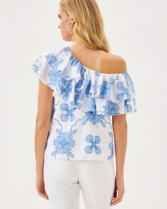 Trixie One-Shoulder Ruffle Top - Sunwashed Blue Al Fresco Dot Embroidery