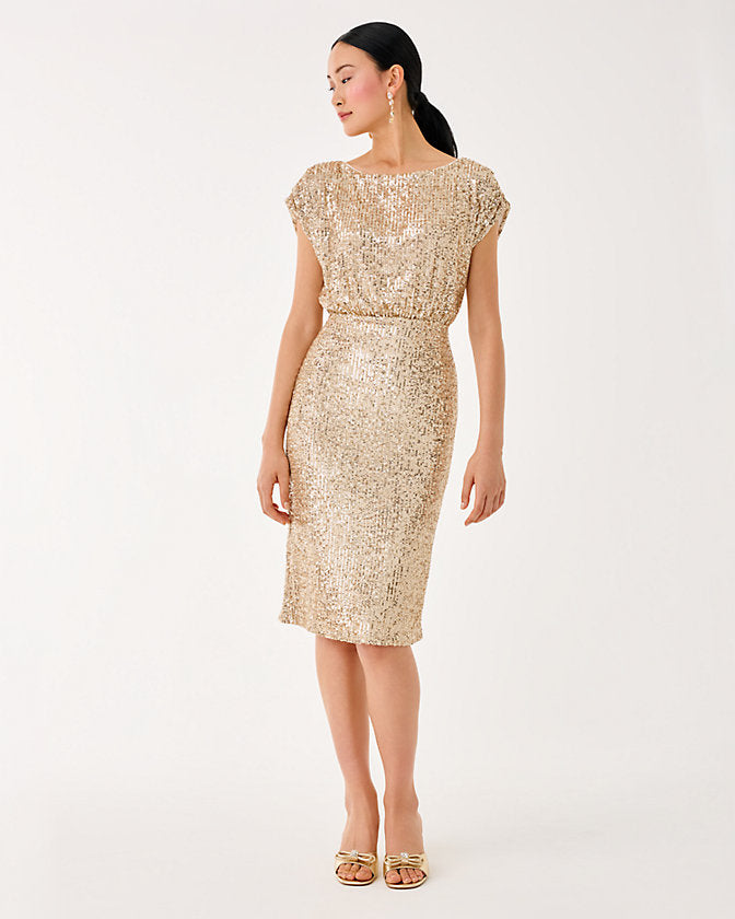 Aylin Sequin Midi Dress - Gold Metallic Treasure Box Sequin Knit – The Islands