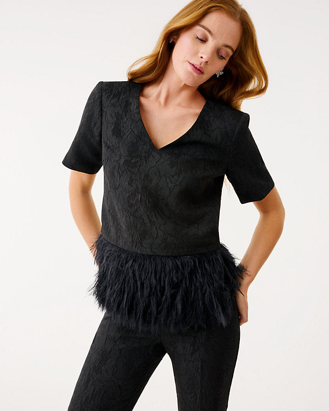 Rylan V-Neck Top - Noir Exploded Flower Stretch Jacquard