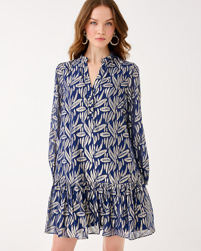 Evaline Silk Popover Dress - Low Tide Navy Leafy Babe Metallic Silk Clip