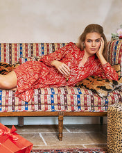 Load image into Gallery viewer, Cornellia Silk Dress -Cranberry Red Leafy Babe Metallic Silk Clip
