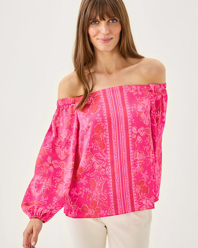 Elizabethany Off-the-Shoulder Top - Sun Shell Pink Big Party Engineered Woven Top