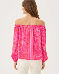 Elizabethany Off-the-Shoulder Top - Sun Shell Pink Big Party Engineered Woven Top