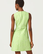 Load image into Gallery viewer, Sobel Shift Dress - Pistachio Macaron Floral Cutwork Metallic Stripe
