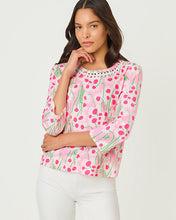 Load image into Gallery viewer, Clairmont 3/4 Sleeve Lace Trimmed Knit Top - Conch Shell Pink Lil Sunny Daisies
