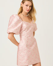 Load image into Gallery viewer, Justina Puff Sleeve Skirted Romper - Conch Shell Pink Ritsy Ditsy Metallic Brocade
