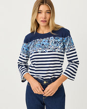 Load image into Gallery viewer, Clairmont 3/4 Sleeved Knit Top - Low Tide Navy The Casbah Engineered Striped Top
