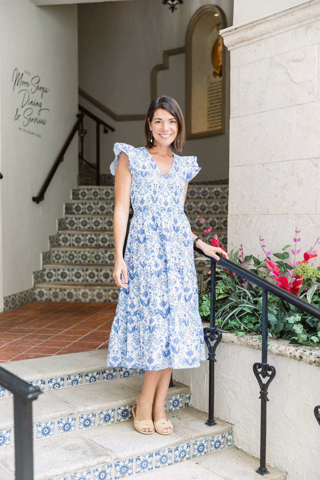 Smocked Flutter Sleeve Midi Dress - Batik Print