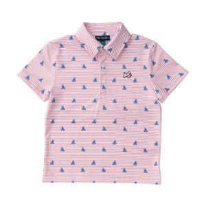 Short Sleeve Pro Performance Polo - Fishing Boat Print on Spiced Coral Stripe