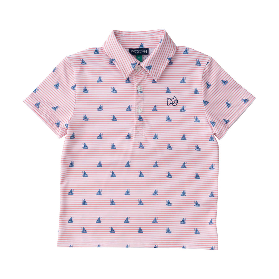 Short Sleeve Pro Performance Polo - Fishing Boat Print on Spiced Coral Stripe