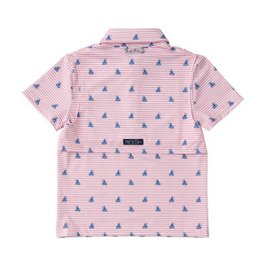 Short Sleeve Pro Performance Polo - Fishing Boat Print on Spiced Coral Stripe