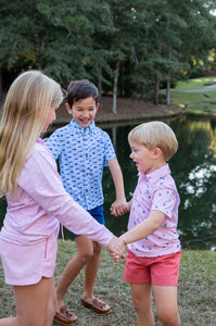 Short Sleeve Pro Performance Polo - Fishing Boat Print on Spiced Coral Stripe