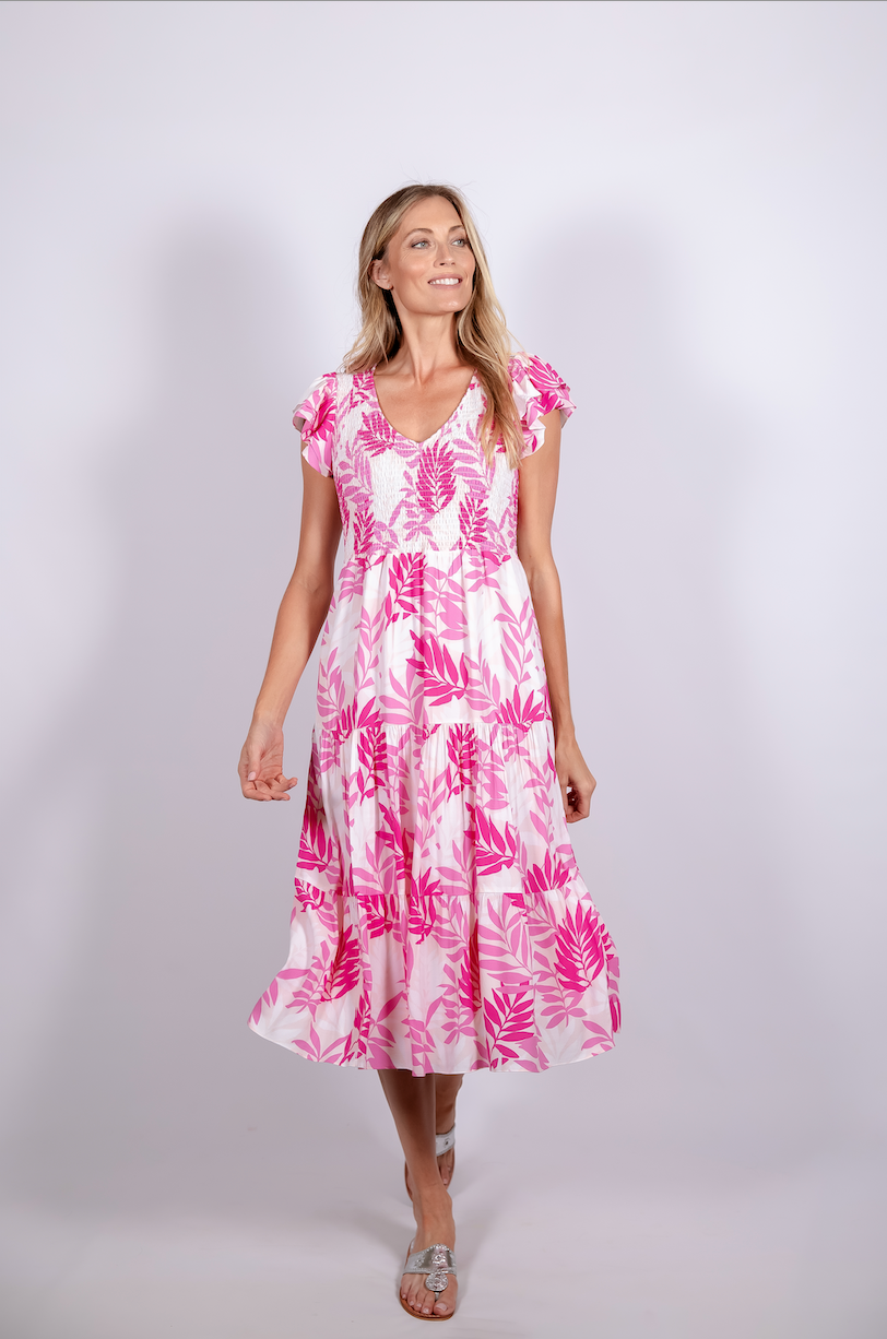 Smocked Flutter Sleeve Midi Dress - Pink Leaf Print