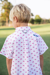 Short Sleeve Button Up - American Flag Print on White