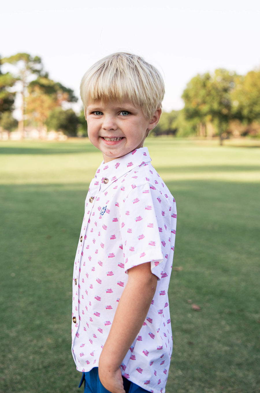 Short Sleeve Button Up - American Flag Print on White